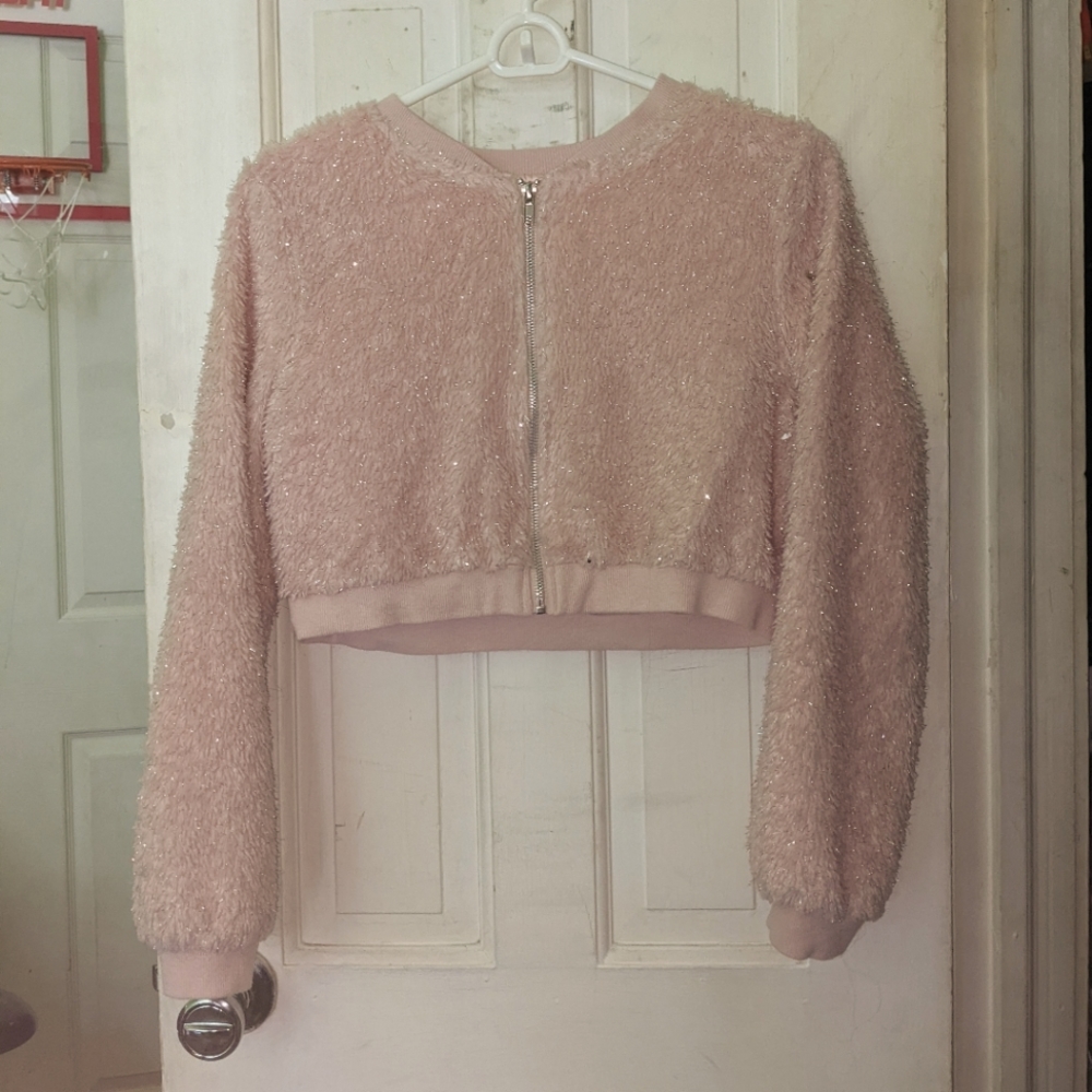 Faux Fur Pink Sparkly Cropped Jacket